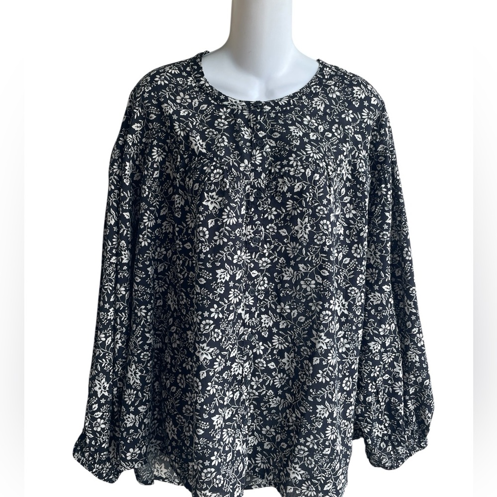 Old Navy Black White Floral Blouse Top Balloon Sleeve Front Buttons Size 2X New